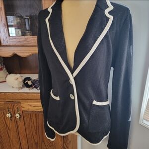 Anthropologie Moth Black Knit Wool Blend Floral Button Blazer Jacket Size Large